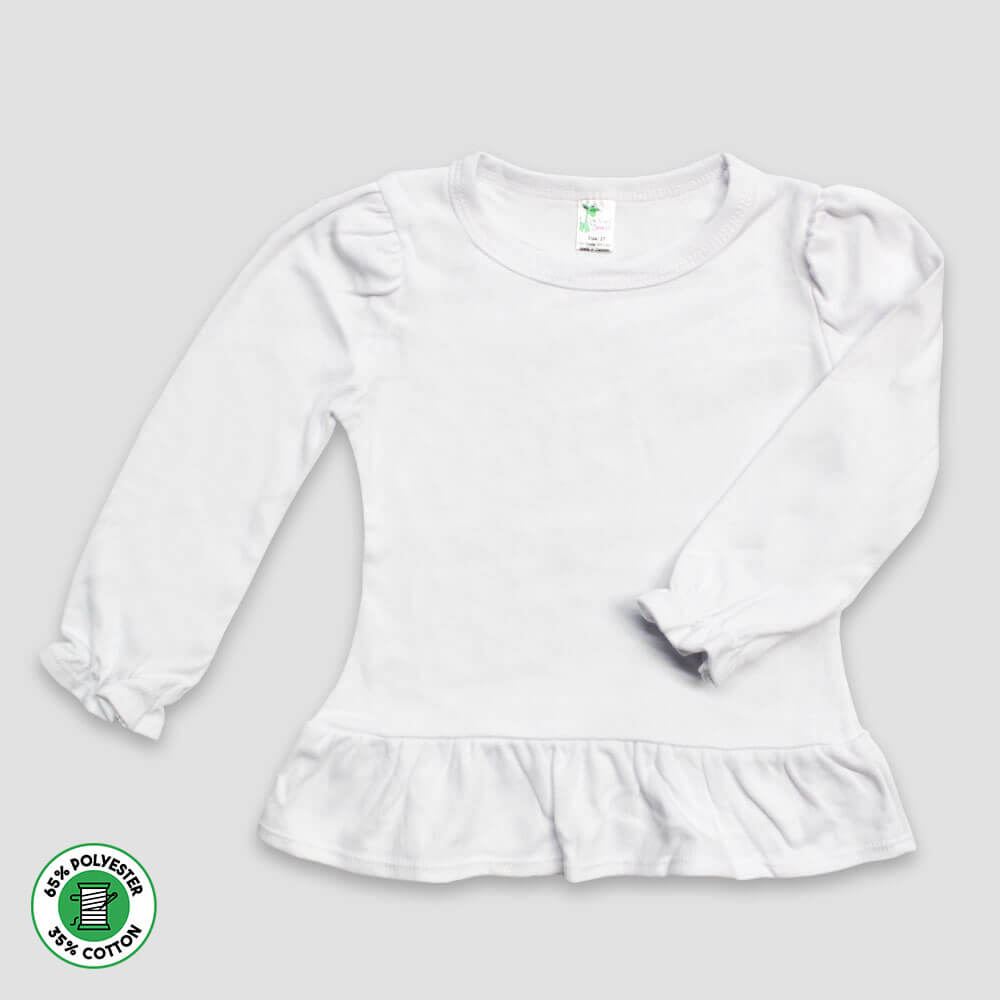 Toddler & Kids Long Sleeve Ruffle T-Shirts - White - Polycotton