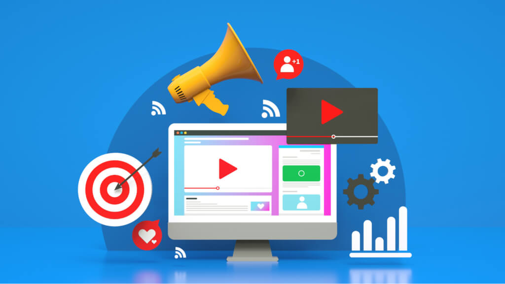 Marketing represented as a computer monitor and social media network icons, analytic charts, bullseye and heart icons.